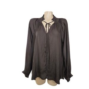 Mustard Seed Charcoal Gray Smocked Tie Neck Long Sleeve Blouse S16409 L NWOT